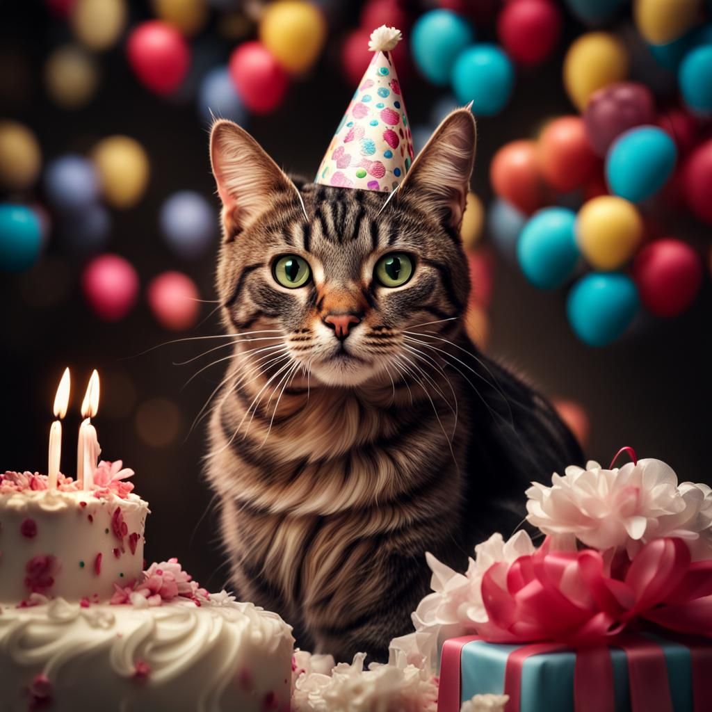 Hyperrealistic Birthday Cat Portrait in Super HD