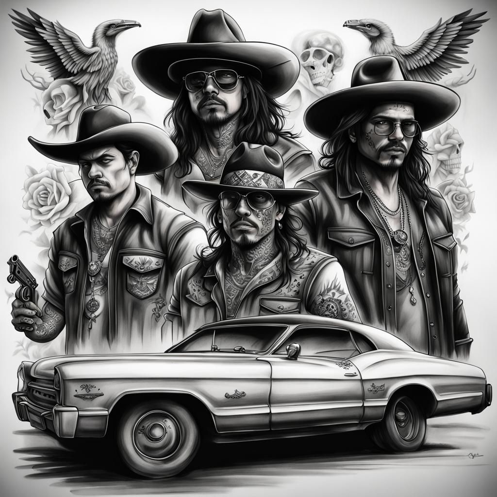 Chicano Style Tattoo Sketch of Mexican Bandits