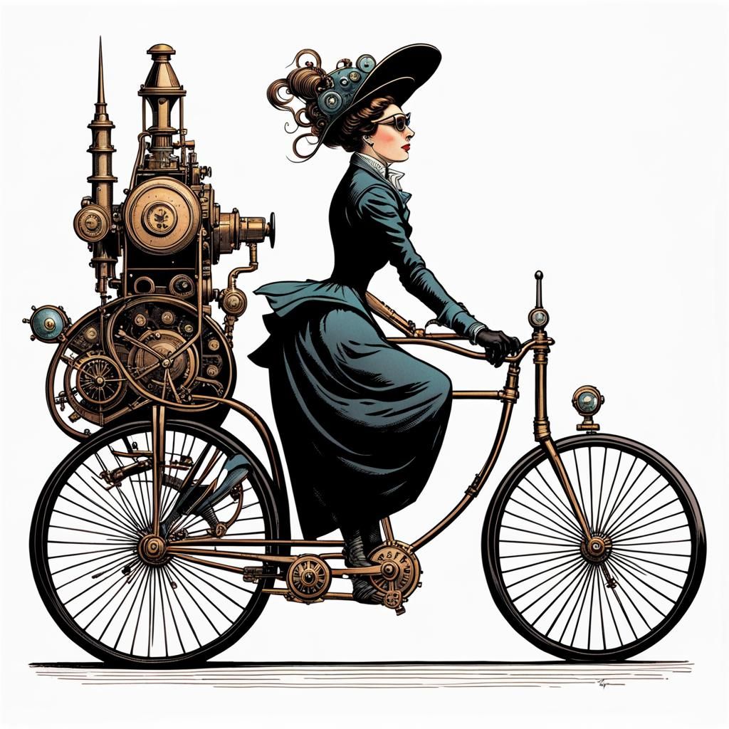 Victorian Steampunk Cyclist on Rocket Bike