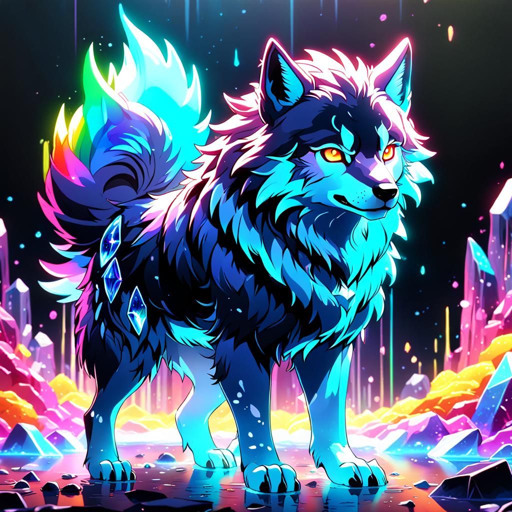 Rainbow Neon Crystal Wolf in Anime Style