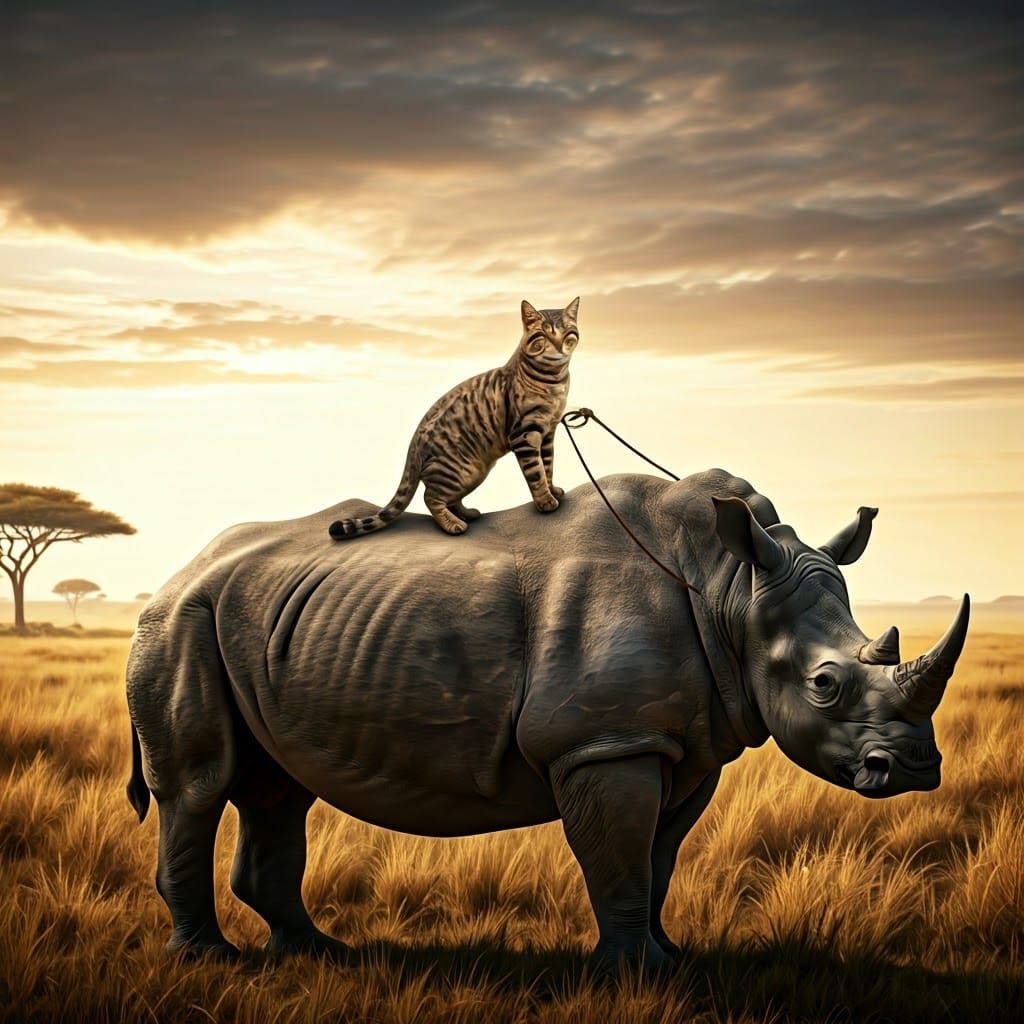 Majestic Cat Rides Regally on Rhinoceros in Golden Savannah