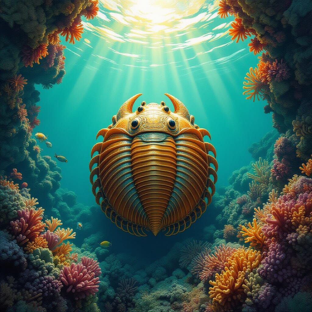 Trilobite in Coral Reef, Dreamlike Digital Art