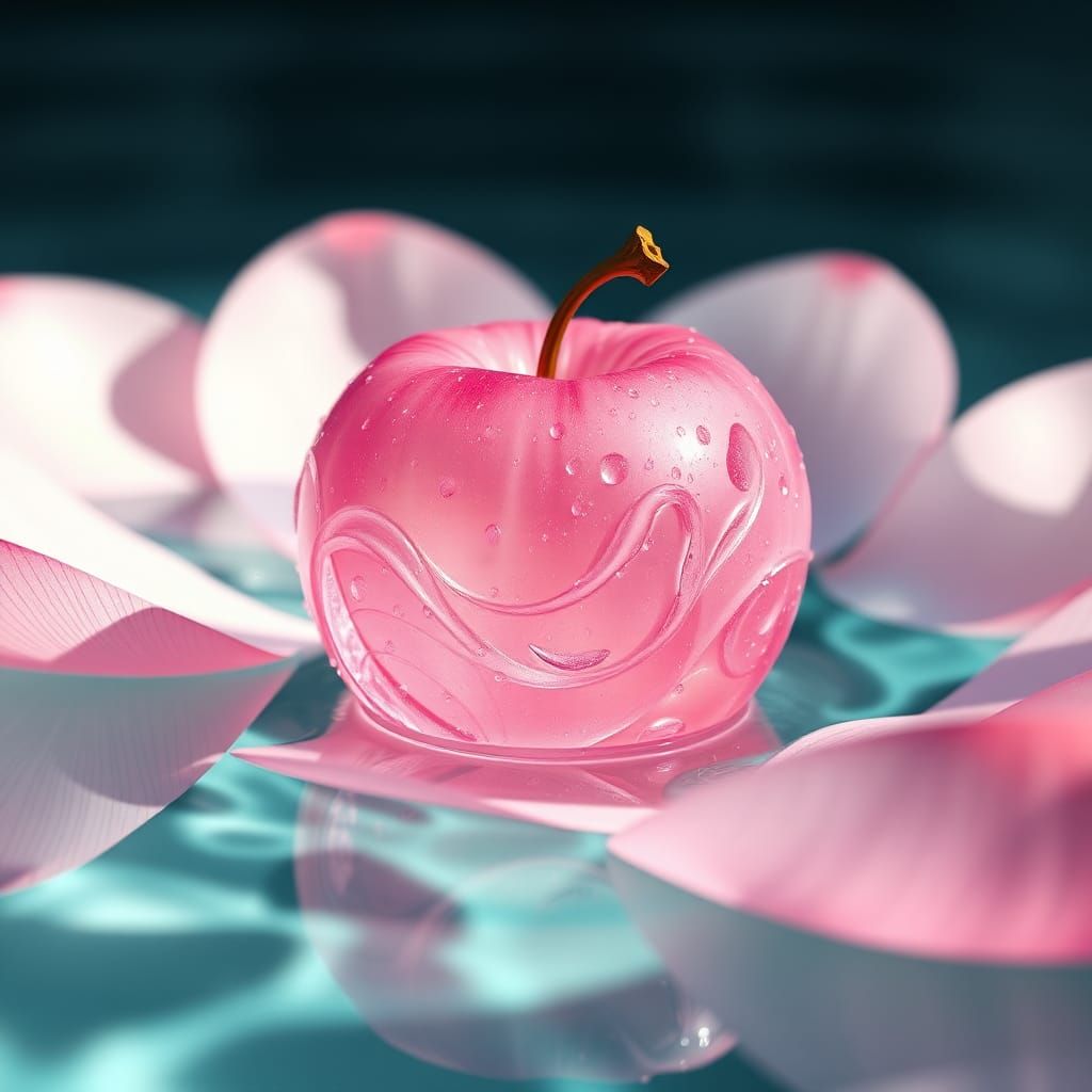 Crystal Apple Floating on Water: 3D Anime Art