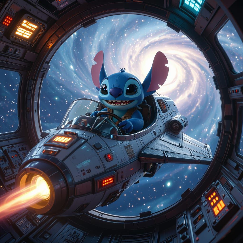 Stitch, rendered in a detailed 3D game cinematic style, pilo...