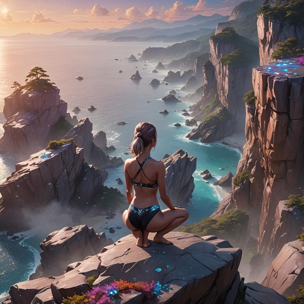 Diamond Bikini Yoga on Cliff in Anime Style