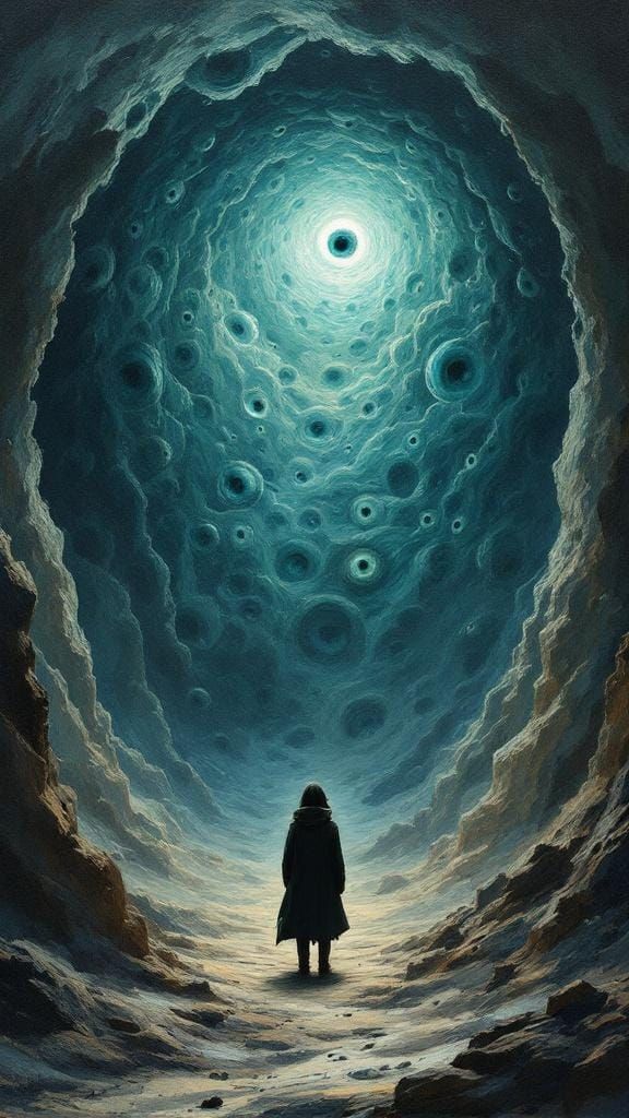 Surreal Figure Gazing at Eye-Covered Wall