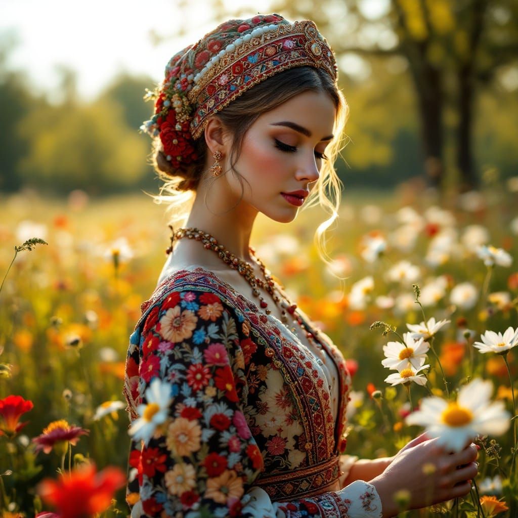 Russian Woman in Traditional Sarafan Dress, Spring Fields