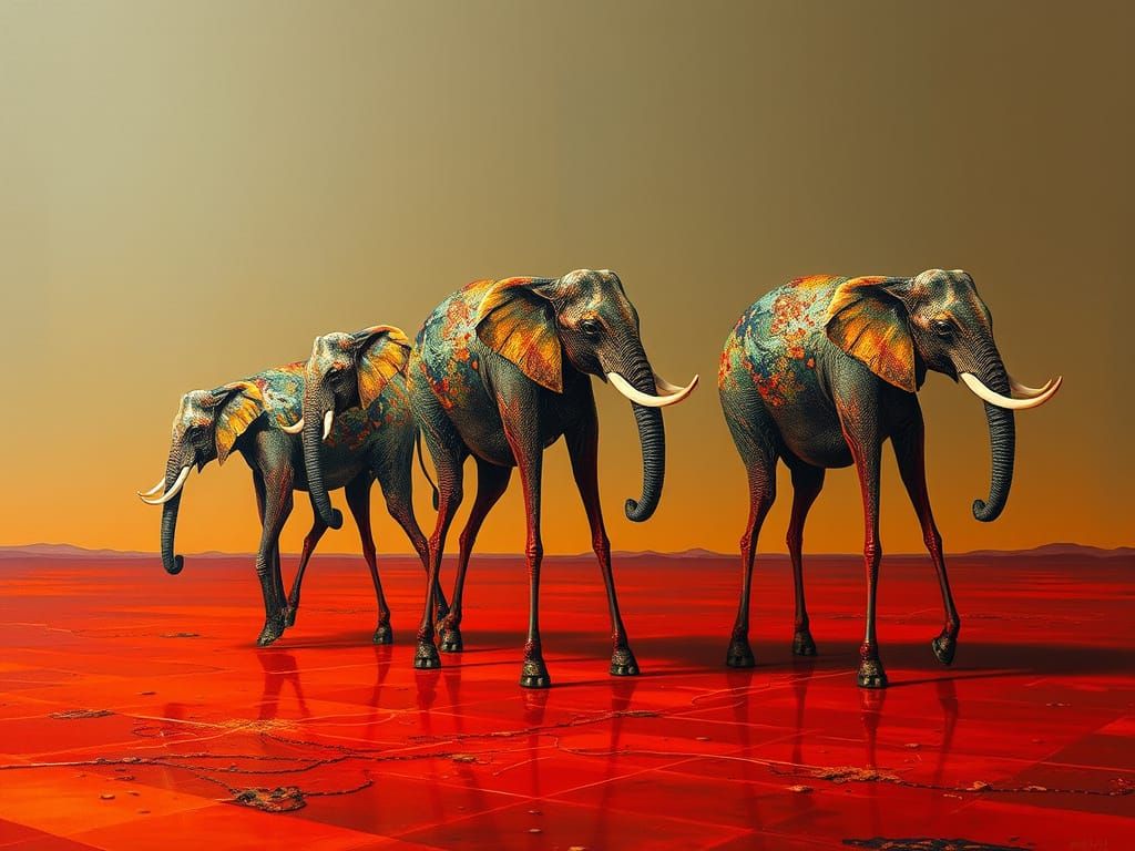 Epoxy Elephants in Surrealist Landscape