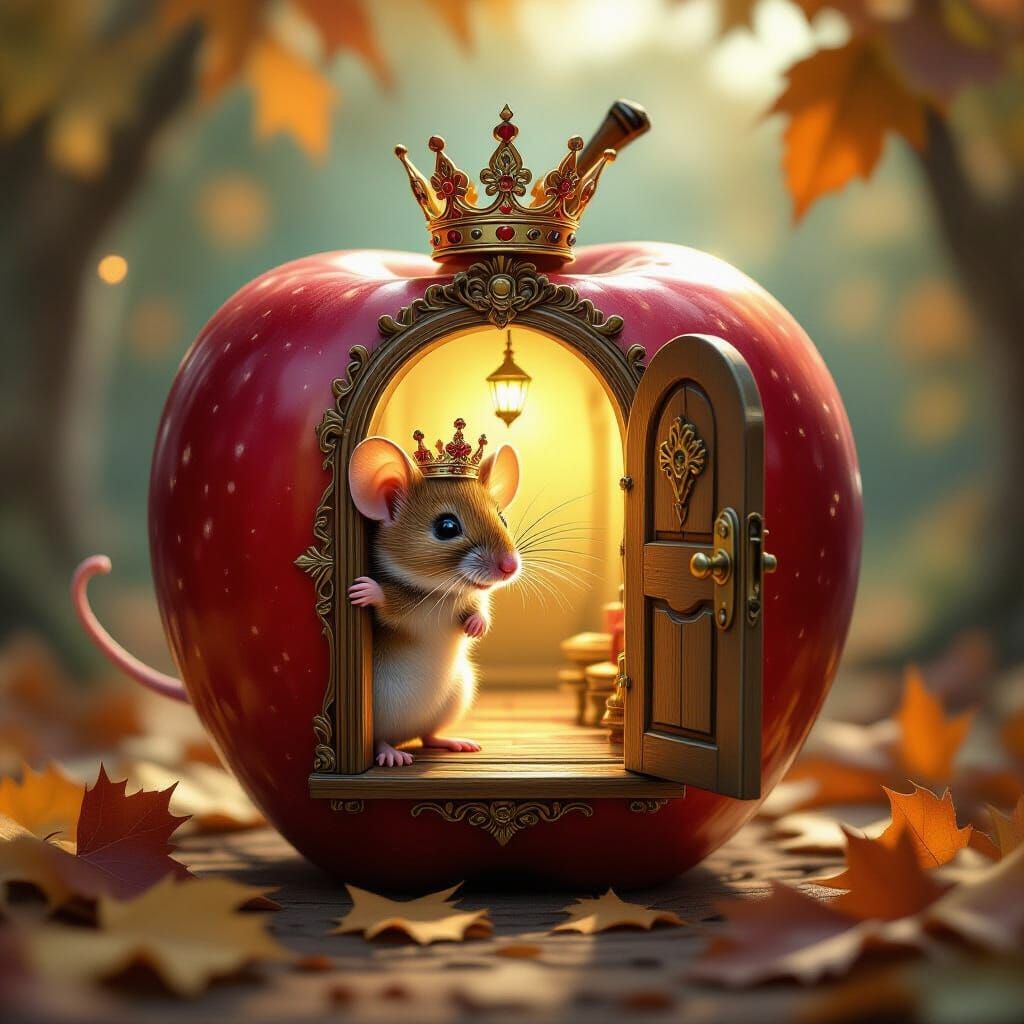 A mischievous mouse, wearing a tiny, ornate crown, peeks thr...