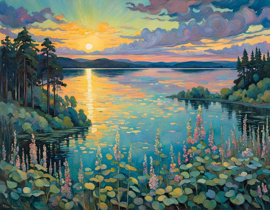 Swedish Lake: Midsummer Night in Art Nouveau Style