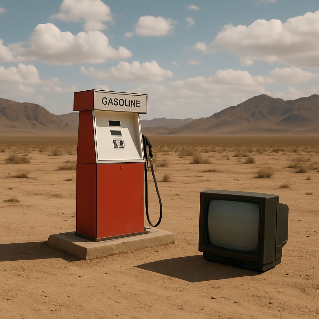Retro Gas Station Oasis in Arid Desert Landscape