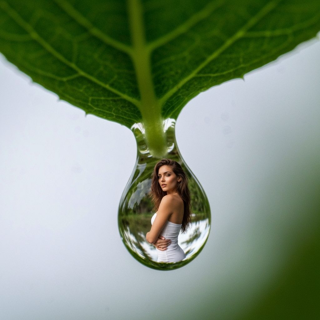 Woman's Reflection Captured in Water Droplet