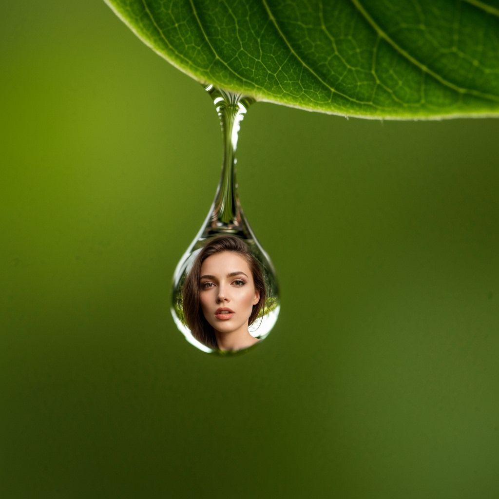 Woman's Reflection in Water Droplet on Leaf