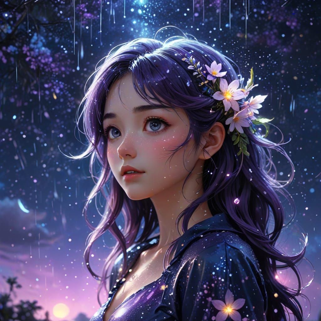 Whimsical Anime Girl Under Starry Night Sky
