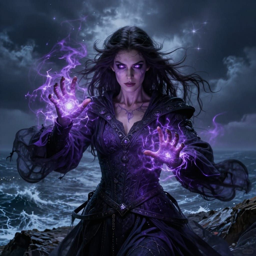 Medieval Sorceress Casting Spell on Windswept Cliff