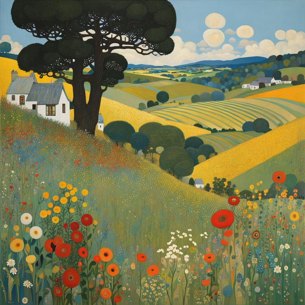 Lush Landscape in Art Nouveau Impressionist Style