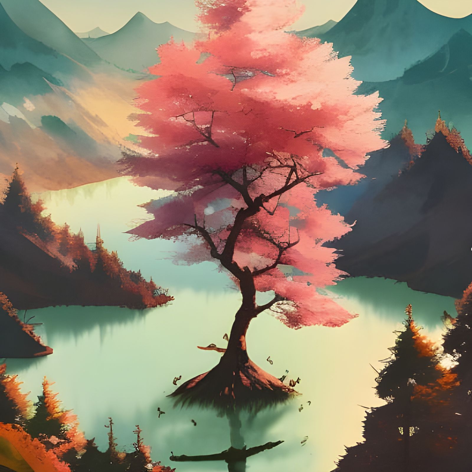 Watercolor Cherry Tree on Epic Mountain Lake