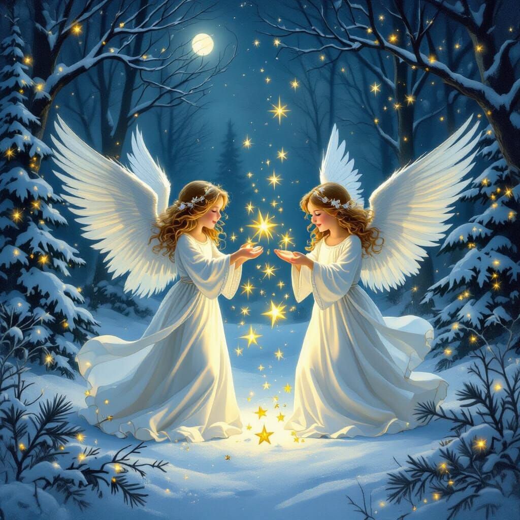 Christmas Angels Playing with Stars in Enchanted Forest