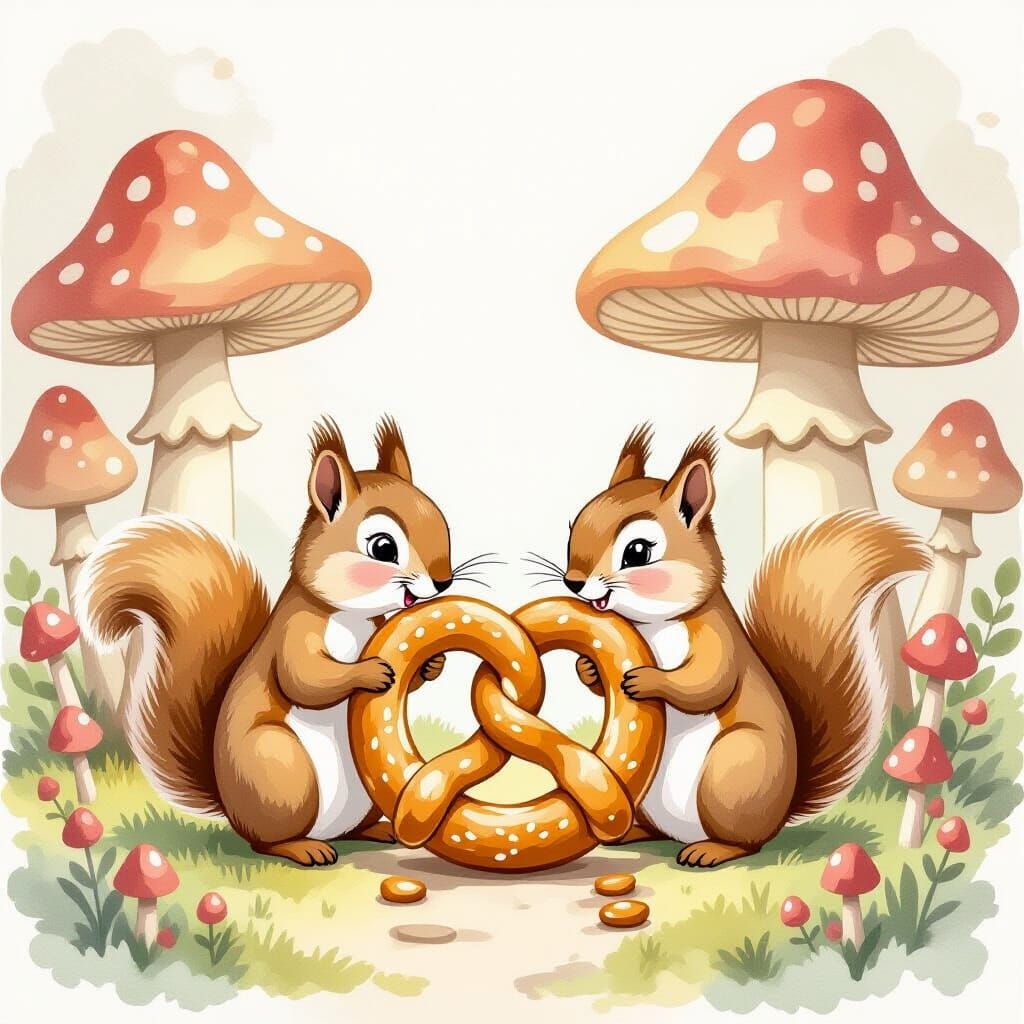 Whimsical Squirrels Share Giant Pretzel Among Mushrooms