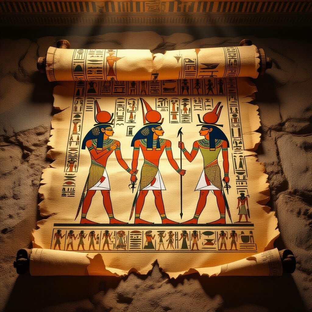 Ancient Egyptian Papyrus Scroll with Hieroglyphs and Illustr...