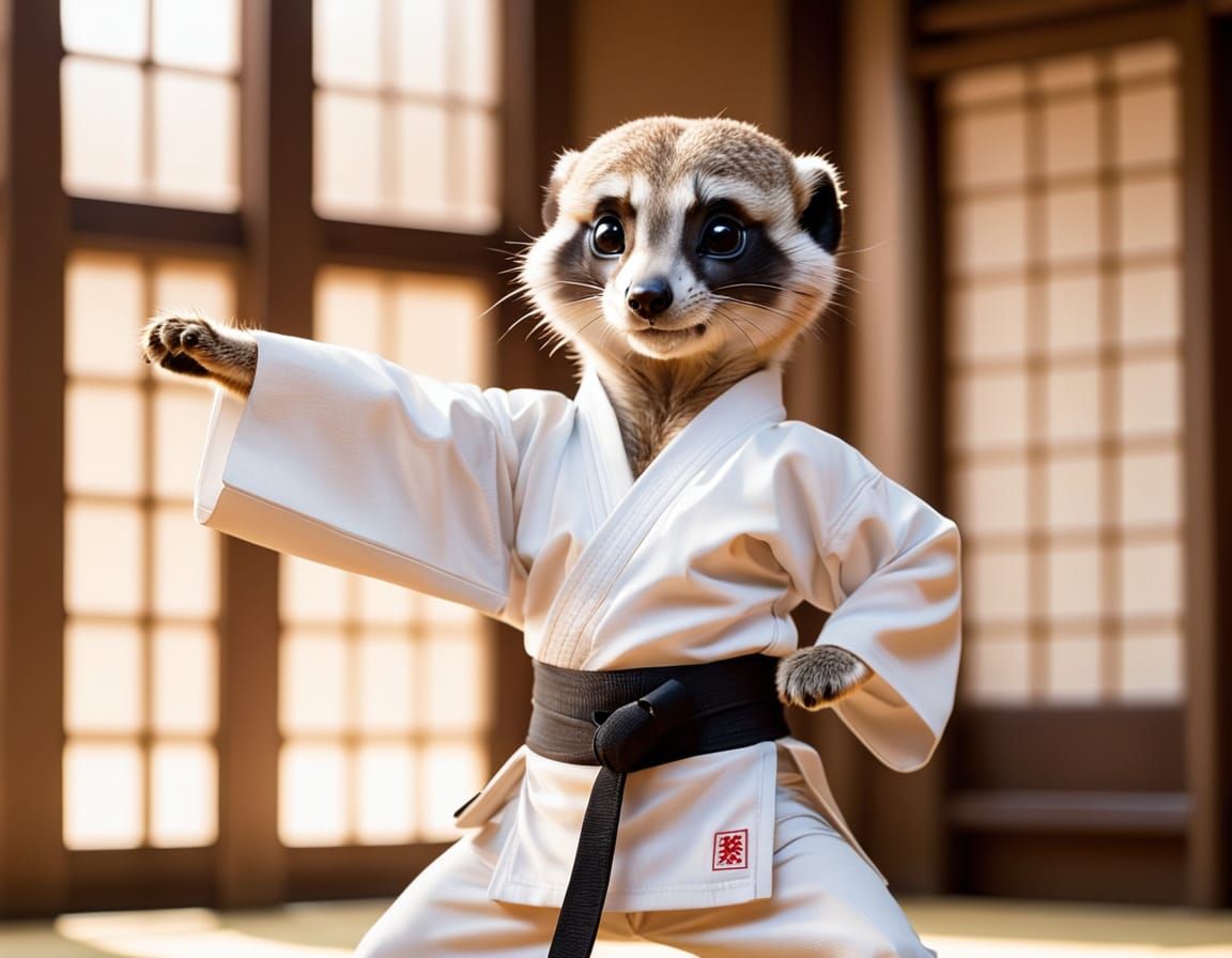 Anthropomorphic Meerkat Karate Master in Dojo