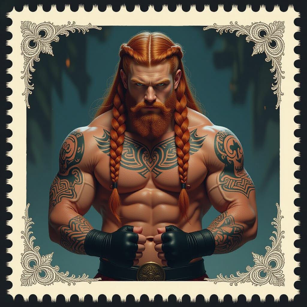 Wrestler Postage Stamp in Dark Fantasy Style