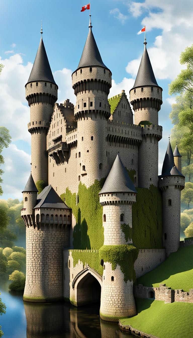 Tall Moss and Vine Covered Castle, Moat and Drawbridge.