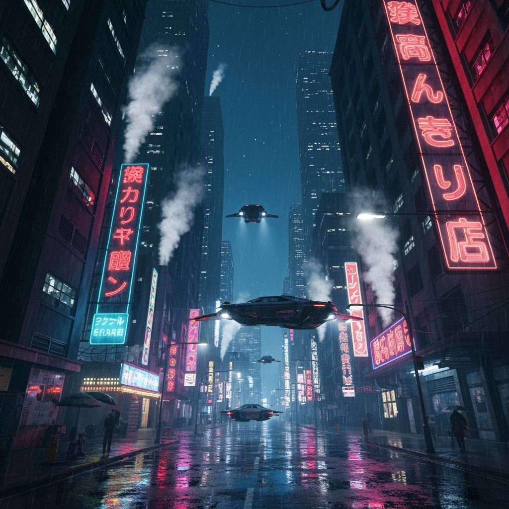 Cyberpunk Metropolis at Night with Flying Cars