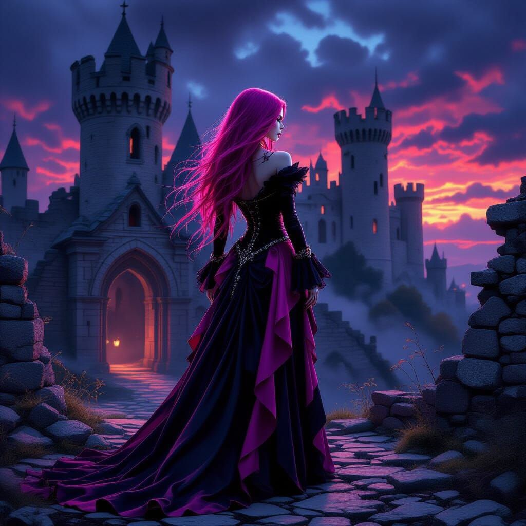 Gothic Vampire Girl in Pink and Black Costume at Ruin Castle
