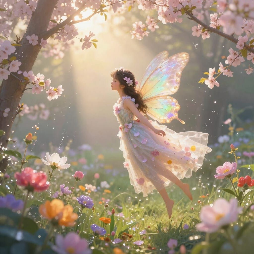 Fairy Girl with Butterfly Wings in Ethereal Garden