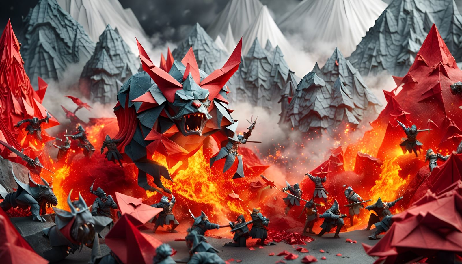 Origami Midgard Battle: Wizards vs Orcs in 3D Render