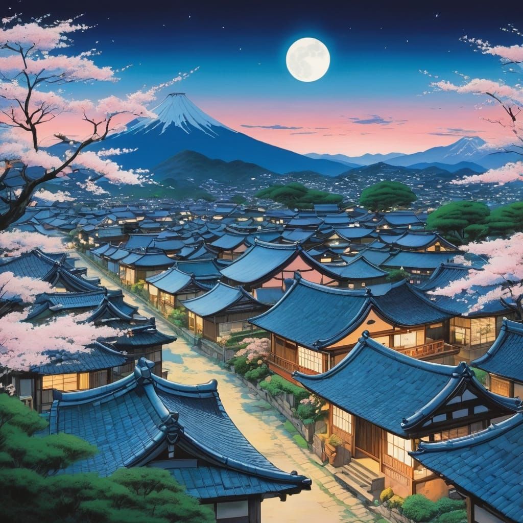 Japanese Village in Moonlight, Watercolor Art