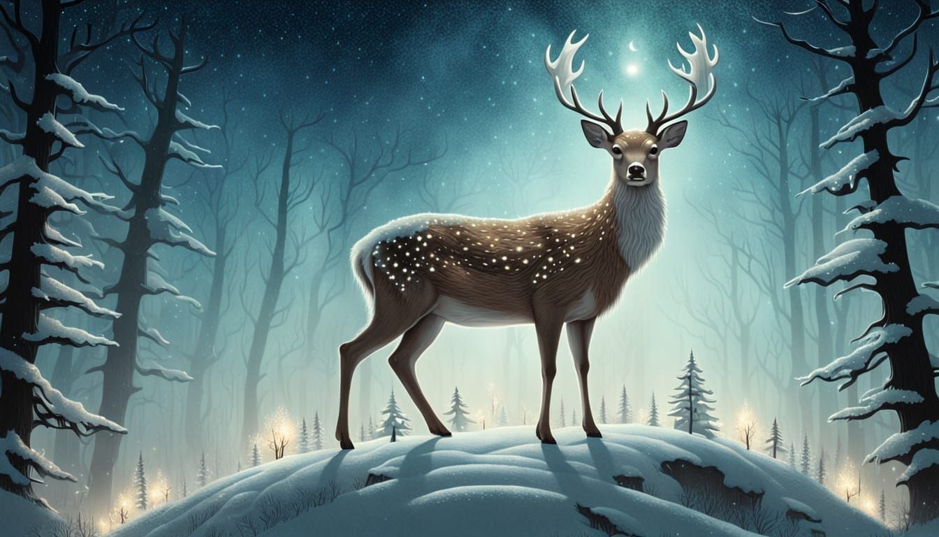Dreamy Deer in Forest Under Starry Night Sky