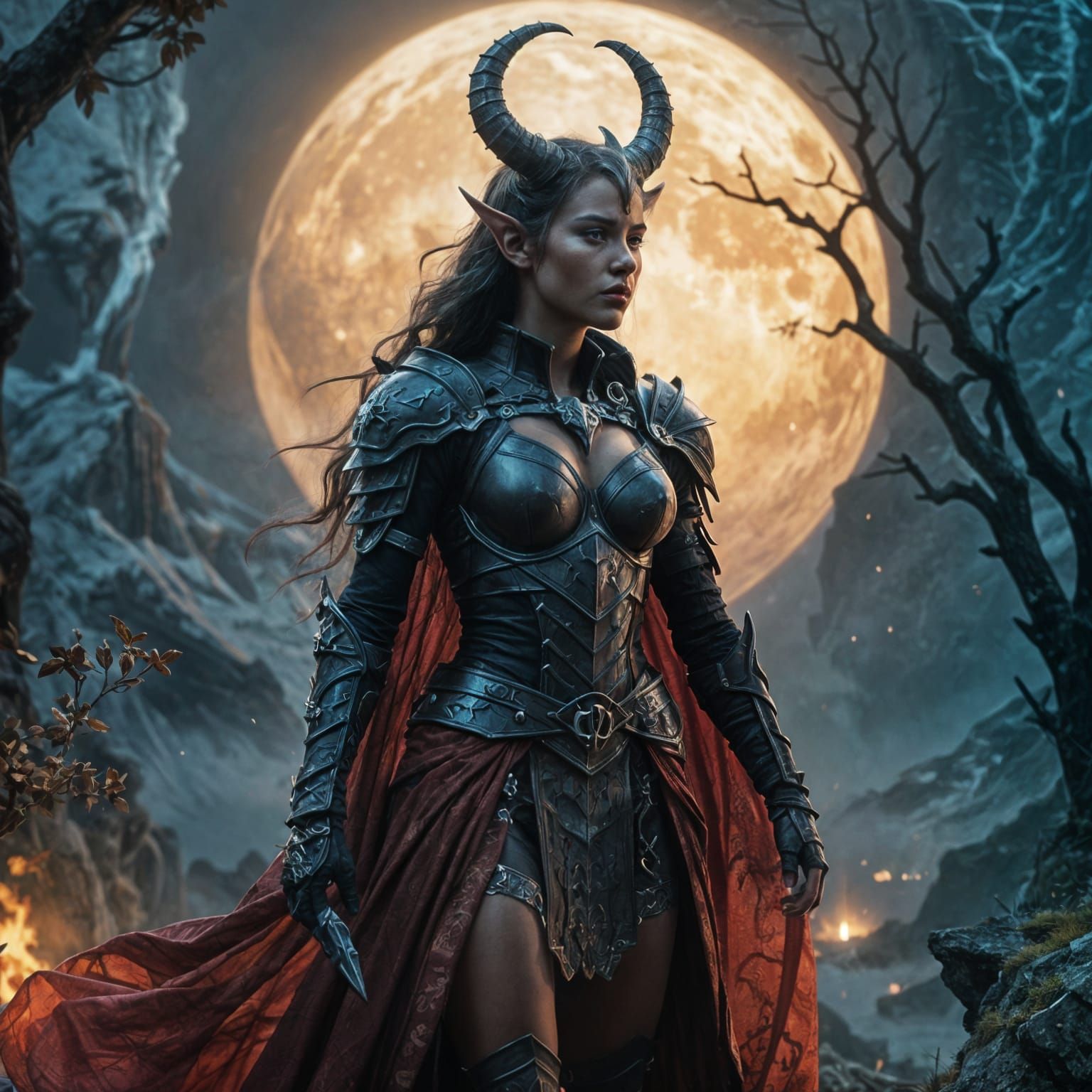 Enchanting Tiefling Warrior in Dark Armor