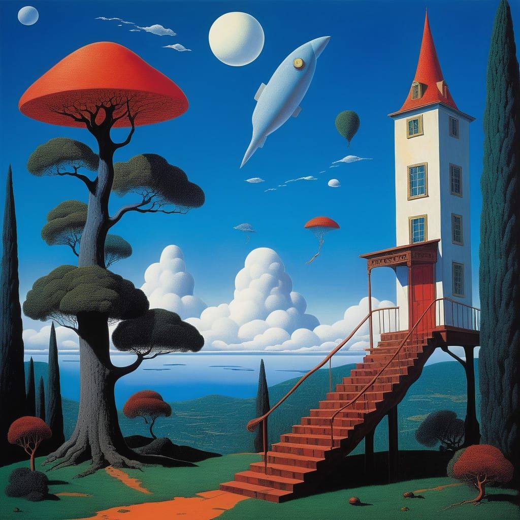 Gnome Descends Spiral Staircase into Vibrant Dreamscape