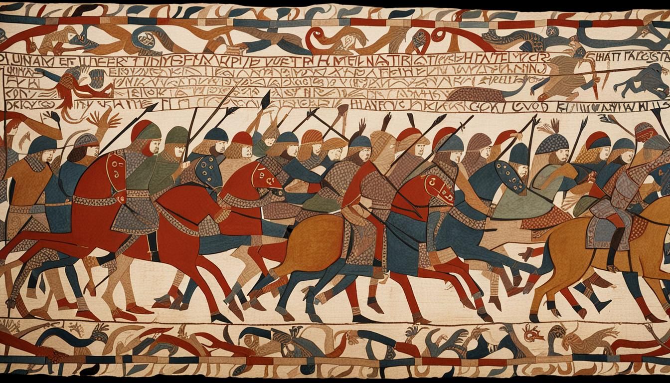 1066 battle of hastings bayeux tapestry humans on left fighting from the right aliens on tigers