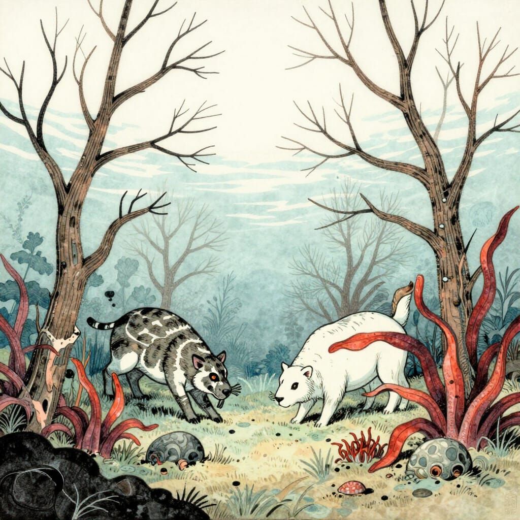 Underwater Hunt in Woodblock Style