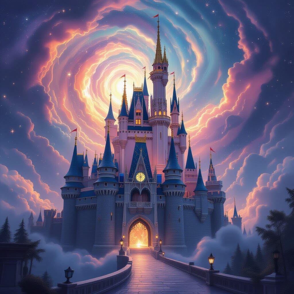 Majestic Pencil Castle in Swirling Nebula