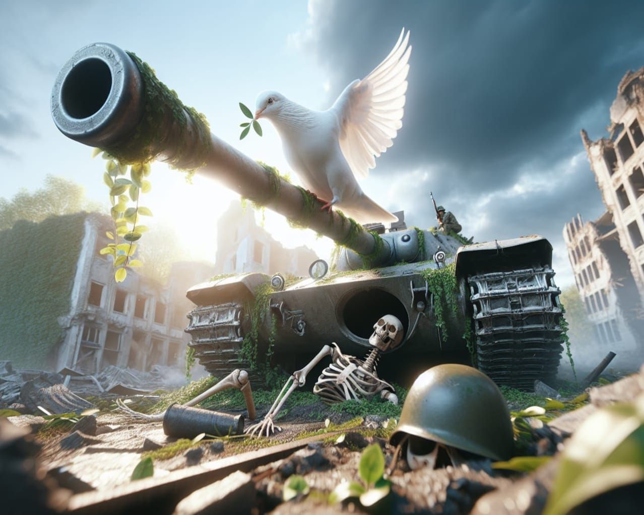 Warrior Dove Perched on Abandoned Tank in Ruins