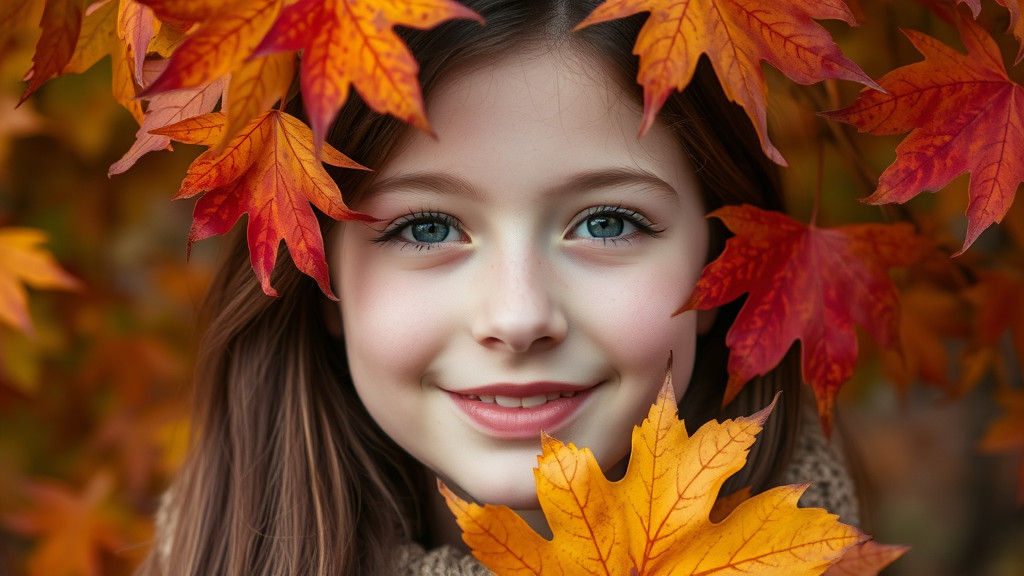 Autumn Girl in Maple Leaves