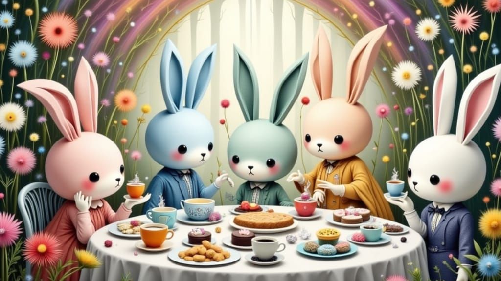 <lora:Psychopomp:1.0> A chibi bunny tea party