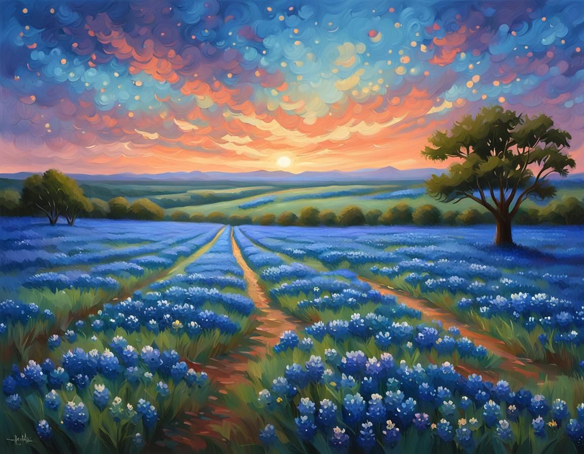 Starry Night Over Bluebonnet Field: Impressionist Landscape
