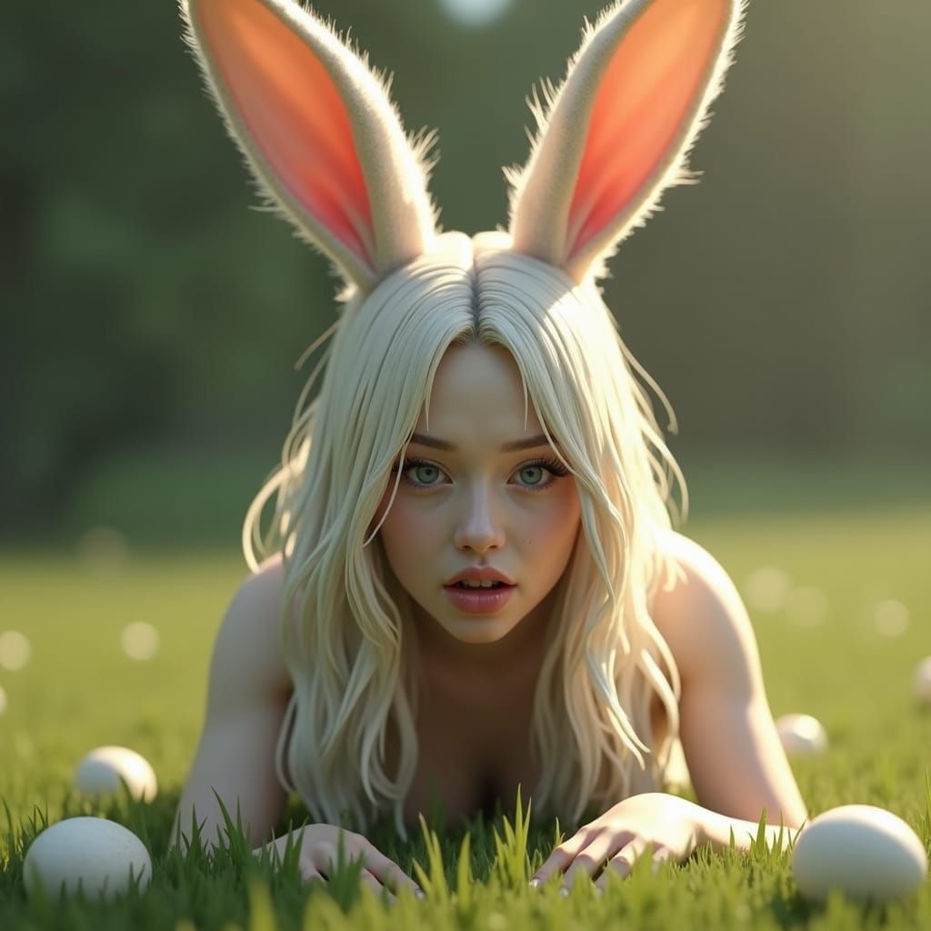 Rabbit-Eared Woman in Lush Meadow, Hyper-Realistic Art