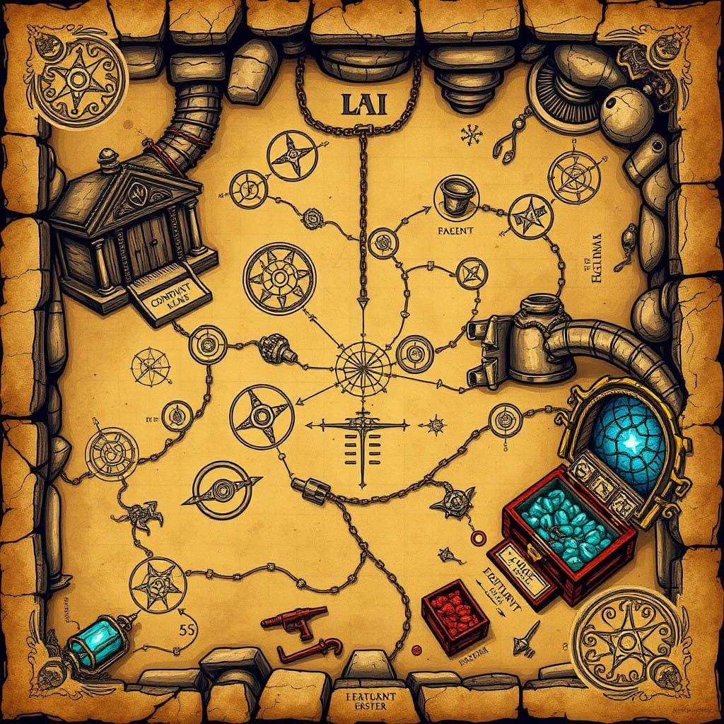Mystical Dungeon Blueprints on Yellowed Parchment