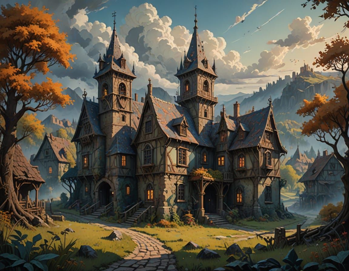 Ethereal Gothic Village of Moving Shadows in Gouache