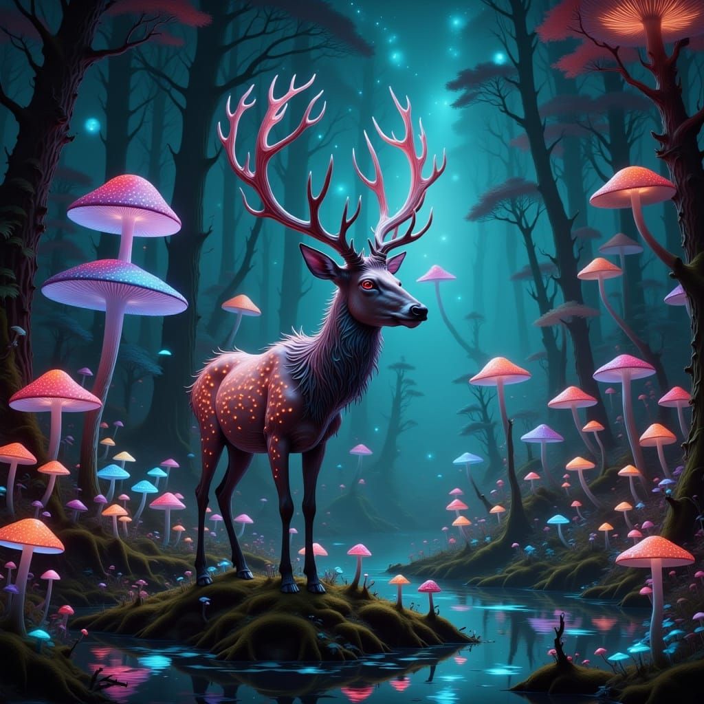 Mystical Deer in Enchanted Forest, Fantasy Art