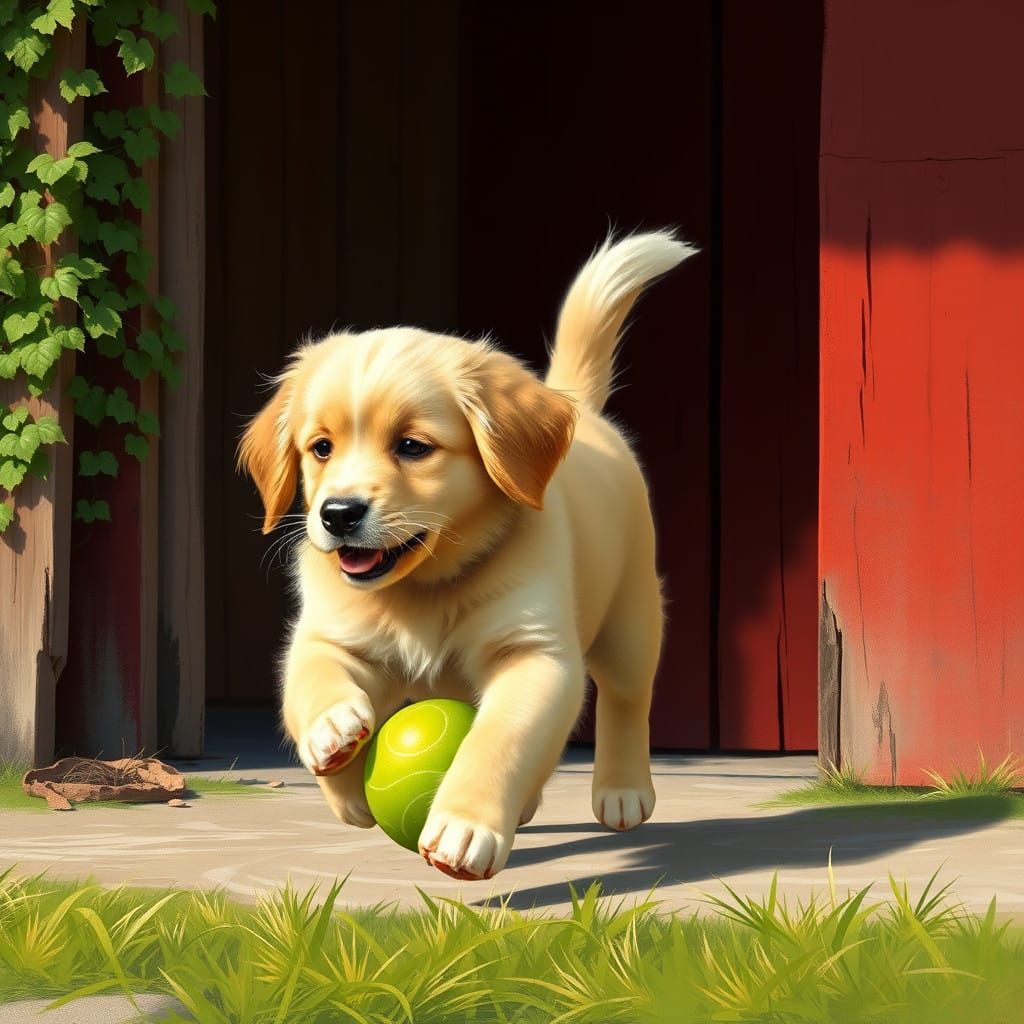 Golden Retriever Puppy Plays with Ball in Whimsical Summer S...