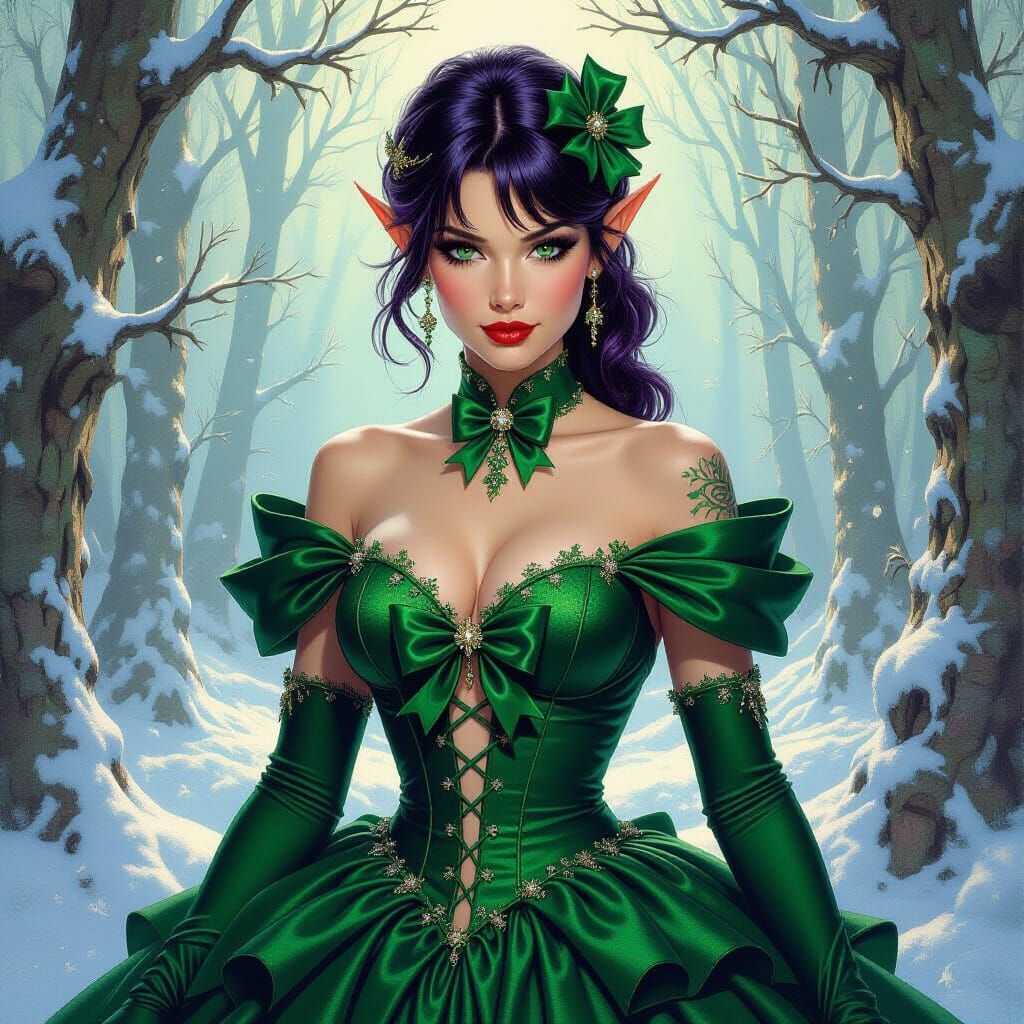 Elf in Emerald Gown with Christmas Bows, Oil Painting