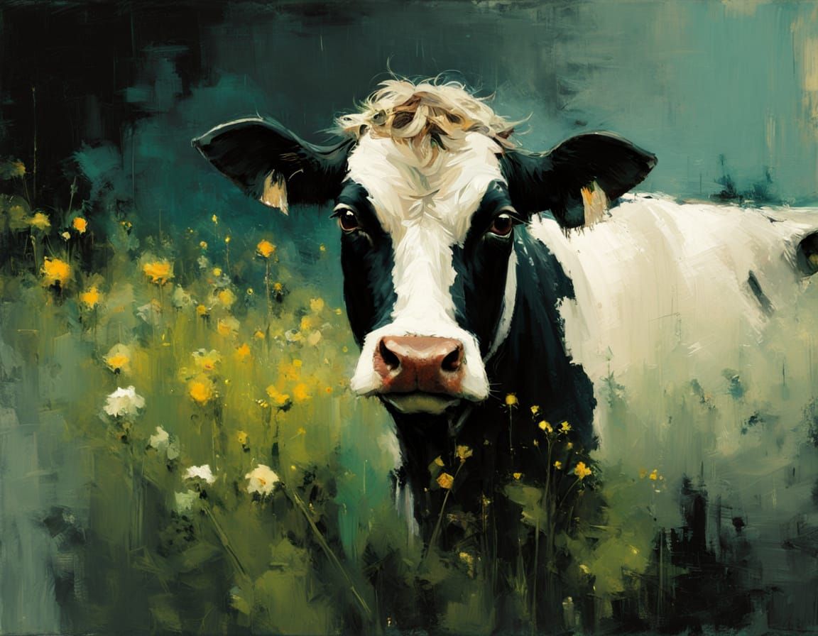 Vibrant Expressionist Oil Painting of a Black and White Cow ...