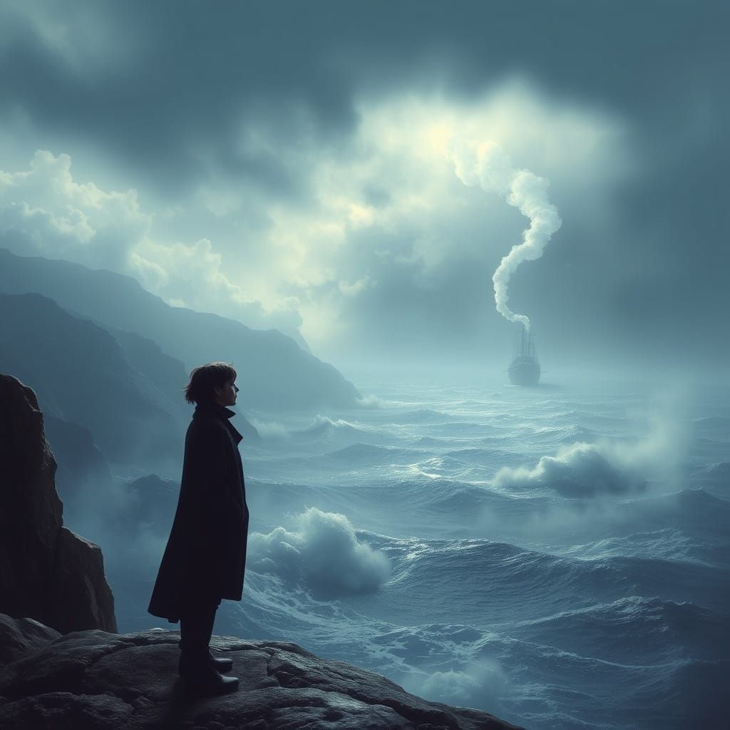 Lone Figure on Windswept Coastline in Longing Melancholy